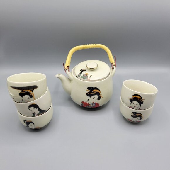 Vintage Japanese Ceramic Teapot & 5 Cups Set Geisha Design - Picture 3 of 16